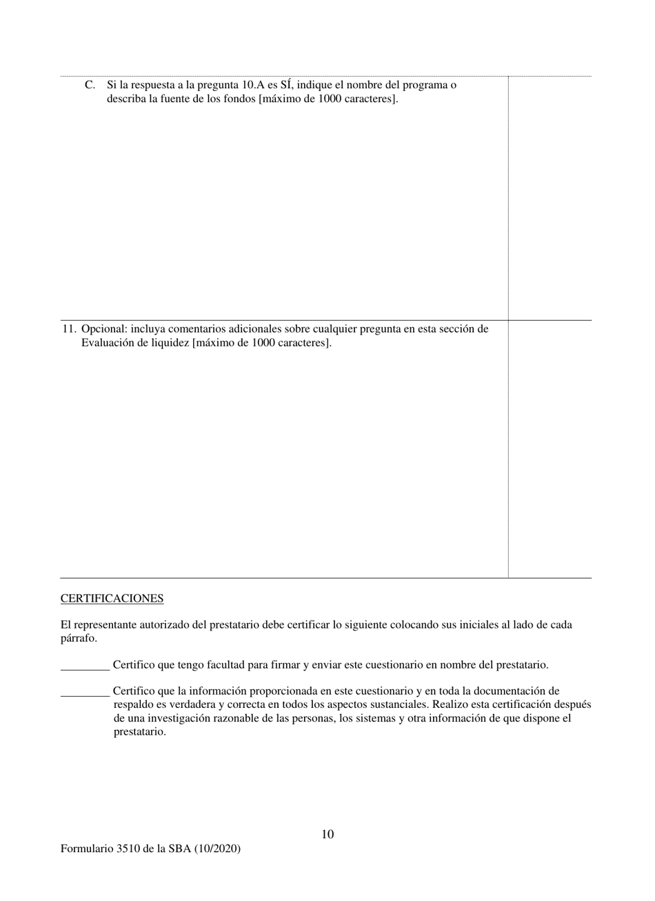 SBA Formulario 3510 Programa De Proteccion De Pago Cuestionario De Necesidad Del Prestamo (Para Prestatarios Sin Fines De Lucro) (Spanish), Page 10