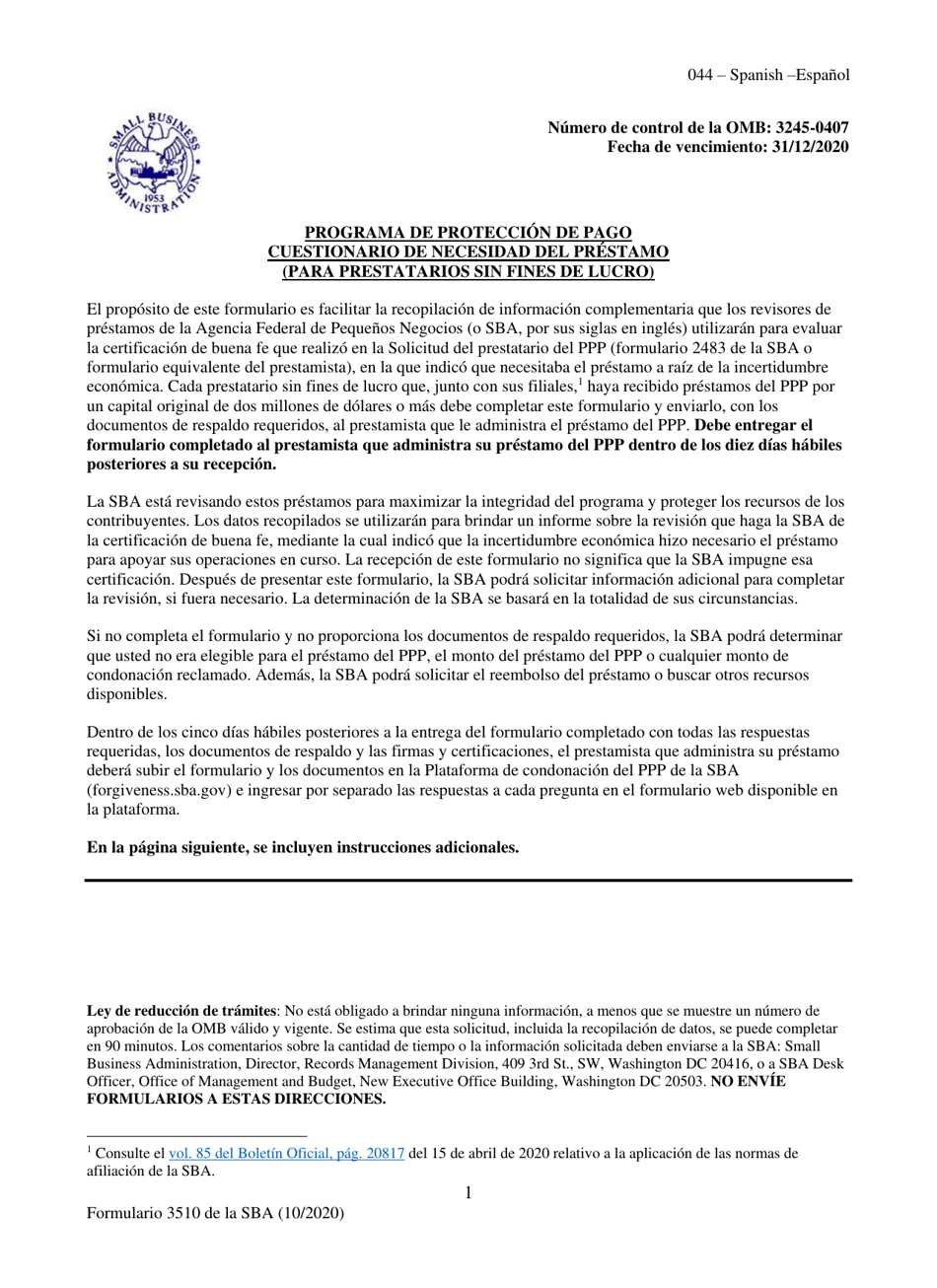 SBA Formulario 3510 Programa De Proteccion De Pago Cuestionario De Necesidad Del Prestamo (Para Prestatarios Sin Fines De Lucro) (Spanish), Page 1