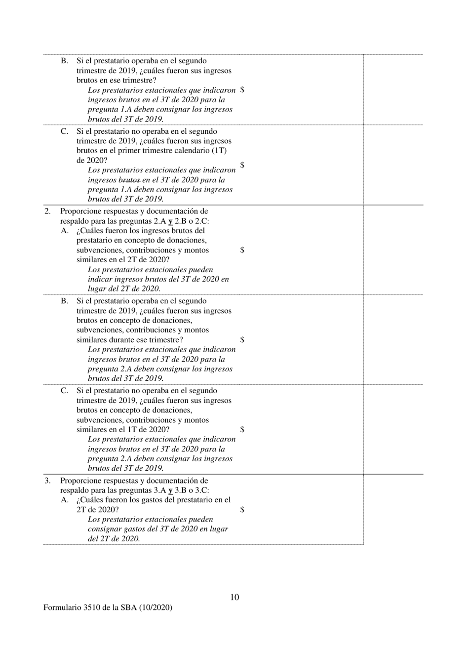 SBA Formulario 3510 Programa De Proteccion De Pago Cuestionario De Necesidad Del Prestamo (Para Prestatarios Sin Fines De Lucro) (Spanish), Page 3