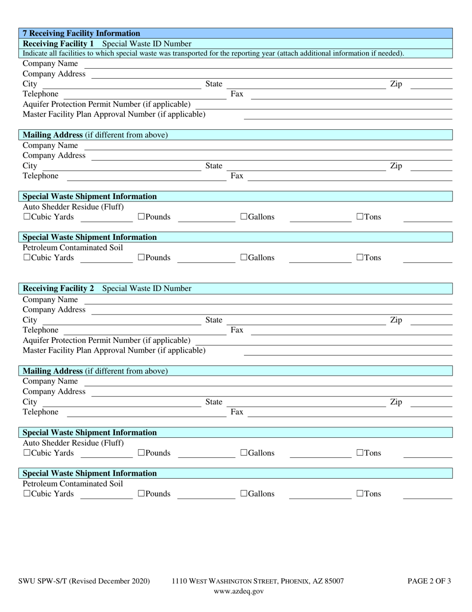 Form SWU SPW-S / T Special Waste Shipper / Transporter Annual Report - Arizona, Page 3