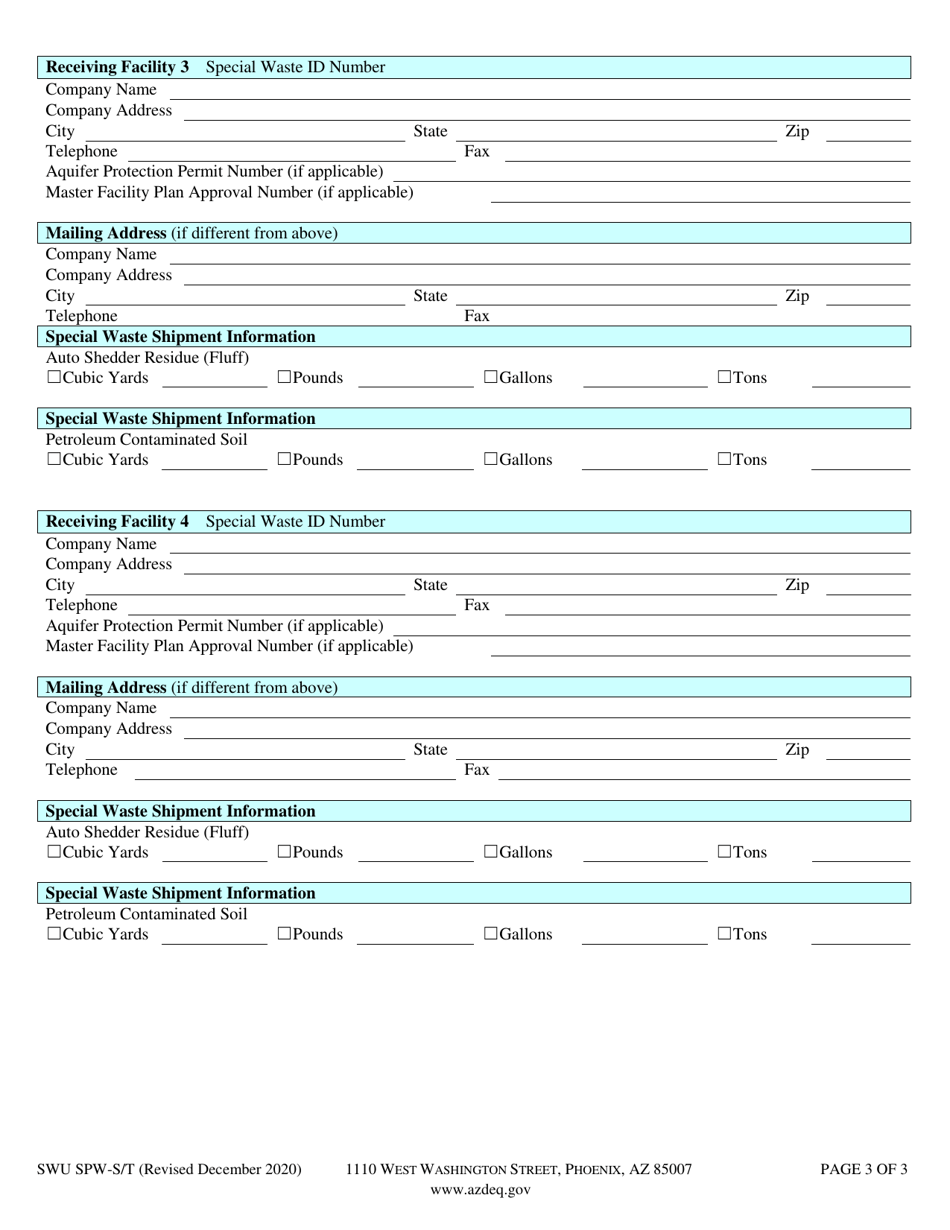 Form SWU SPW-S / T Special Waste Shipper / Transporter Annual Report - Arizona, Page 4