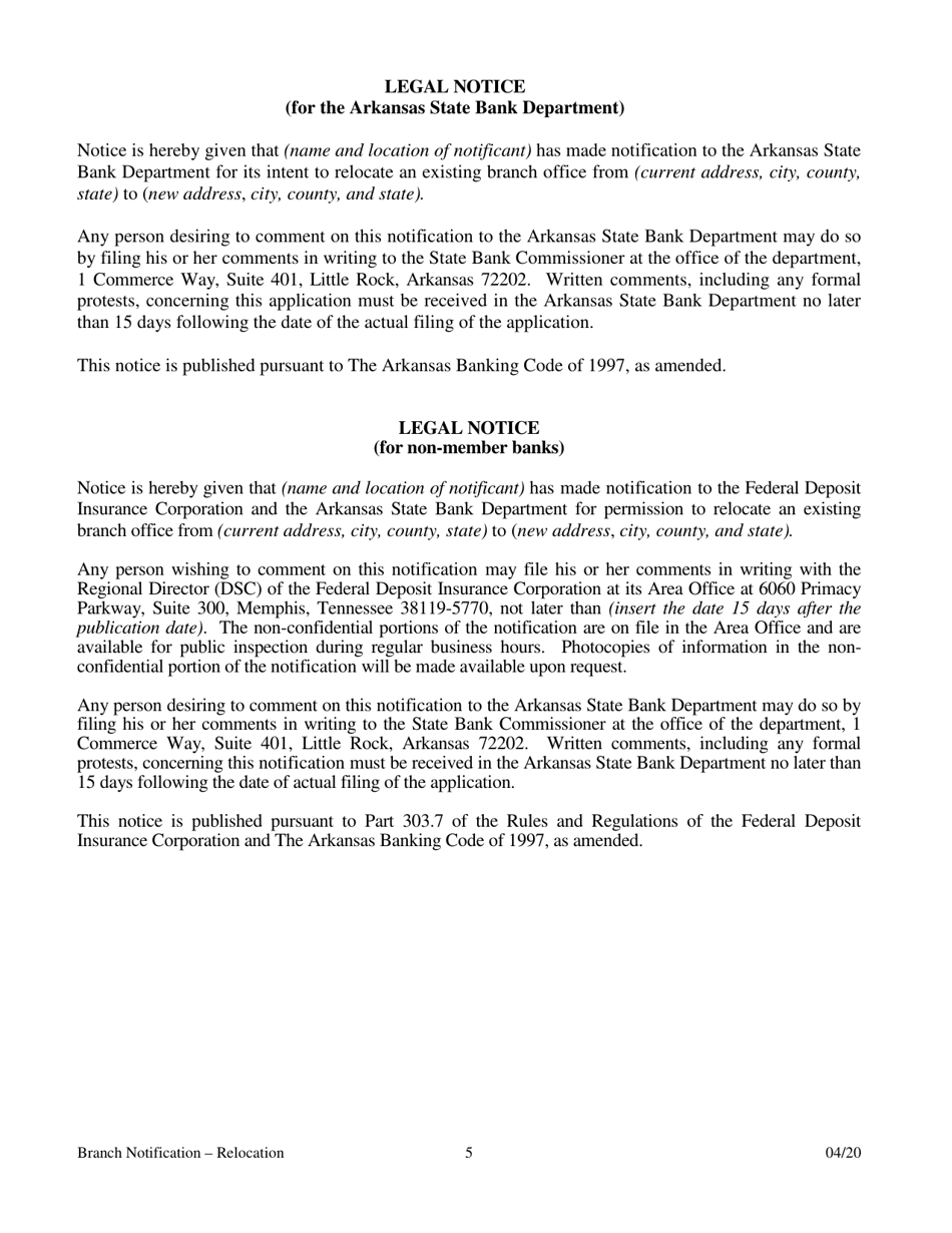 Notification for Relocation of a Branch Bank - Arkansas, Page 5