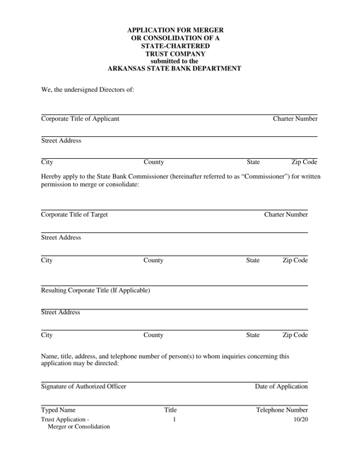 Application for Merger or Consolidation of a State-Chartered Trust Company - Arkansas Download Pdf