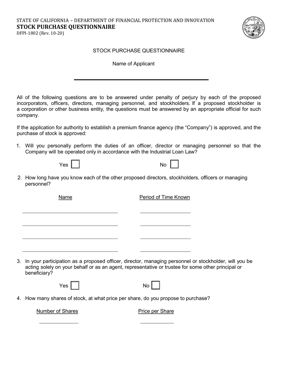Form DFPI-1802 Stock Purchase Questionnaire - California, Page 1