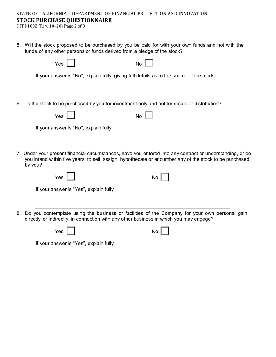 Form DFPI-1802 Stock Purchase Questionnaire - California, Page 2