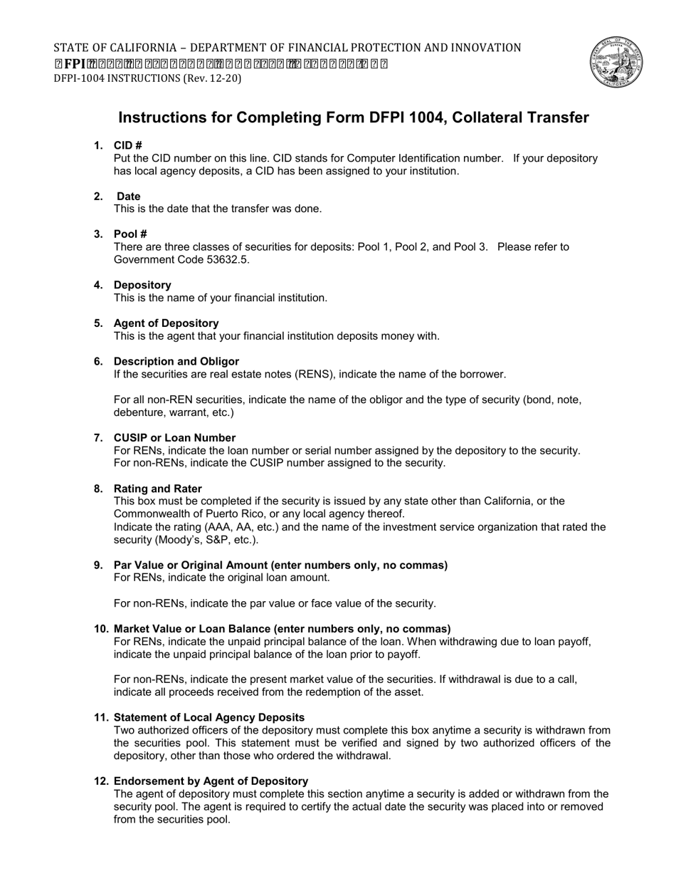 Instructions for Form DFPI-1004 Collateral Transfer - California, Page 1
