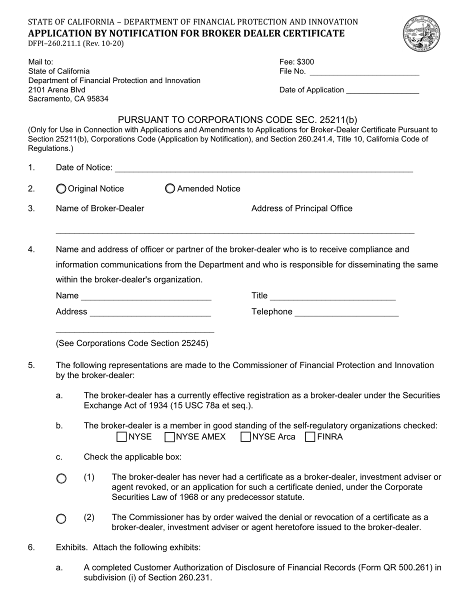 Form DFPI-260.211.1 Application by Notification for Broker Dealer Certificate - California, Page 1