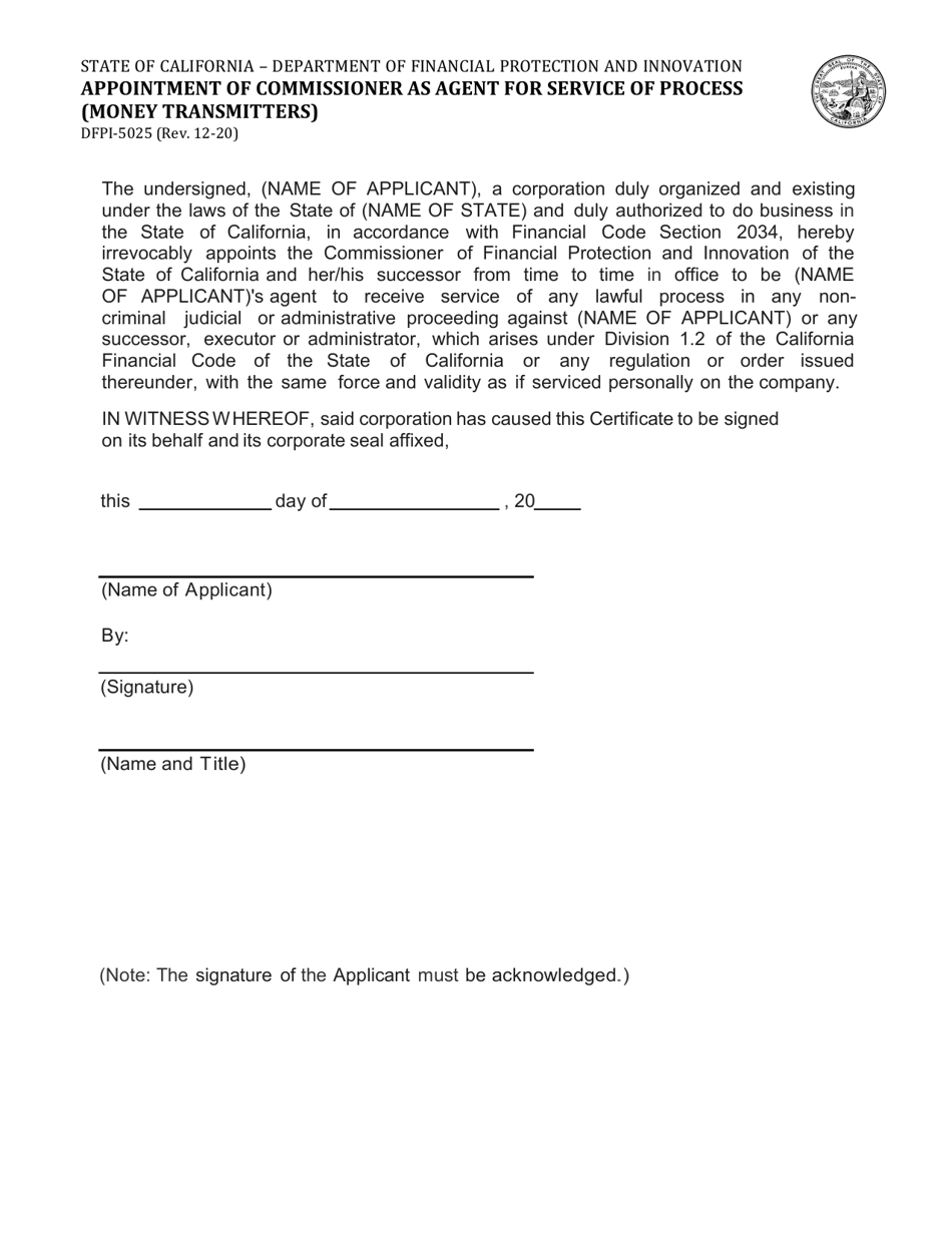 Form DFPI-5025 Appointment of Commissioner as Agent for Service of Process (Money Transmitters) - California, Page 1