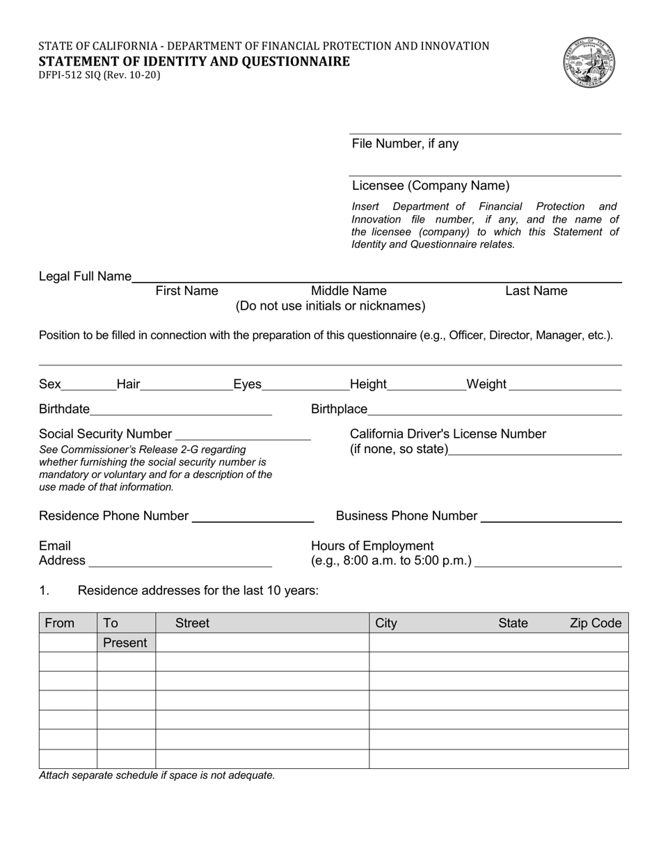 Form DFPI-512 SIQ Statement of Identity and Questionnaire - California, Page 1