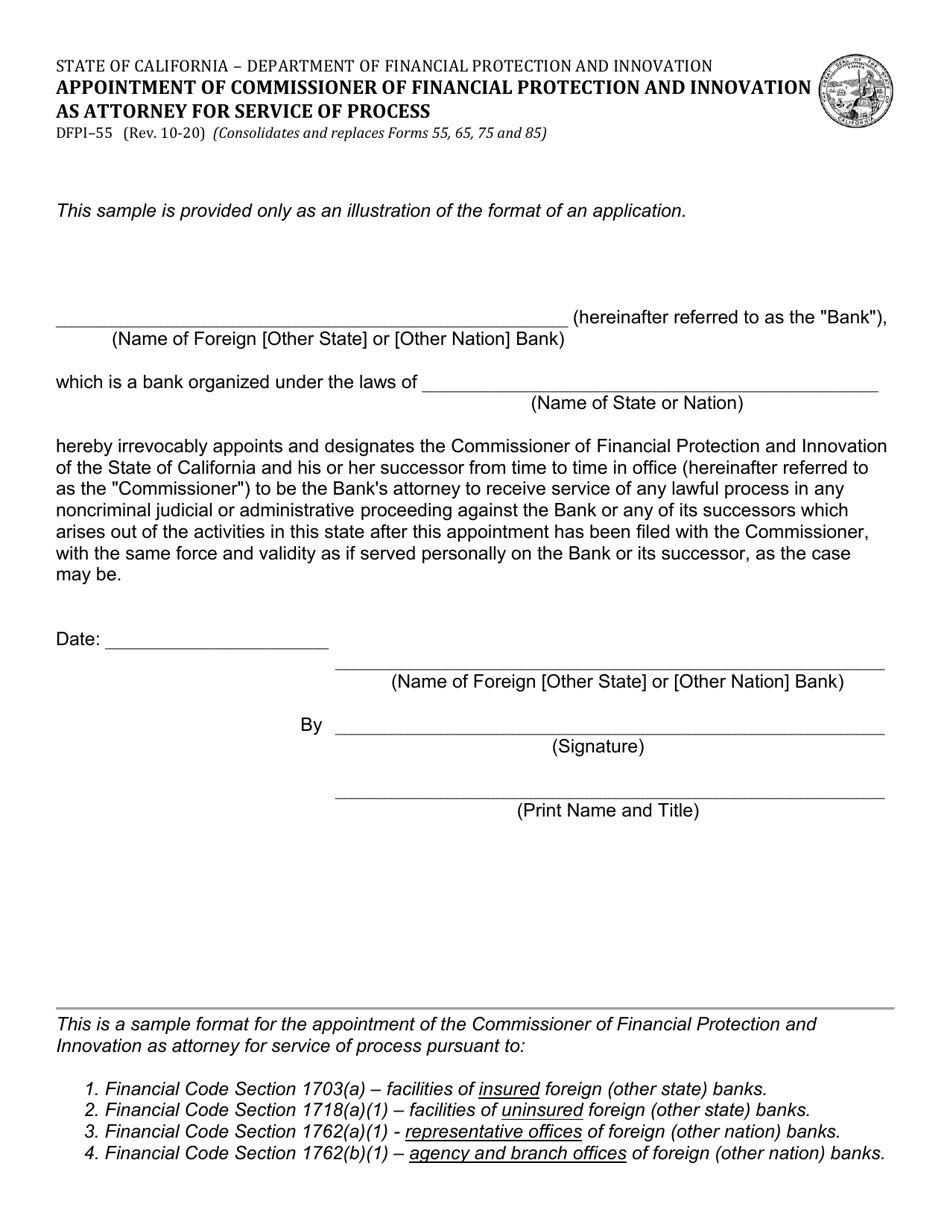 Form DFPI-55 Appointment of Commissioner of Financial Protection and Innovation as Attorney for Service of Process - California, Page 1