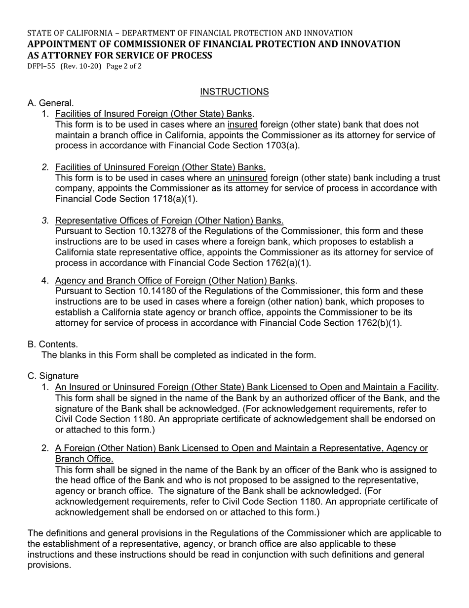 Form DFPI-55 Appointment of Commissioner of Financial Protection and Innovation as Attorney for Service of Process - California, Page 2