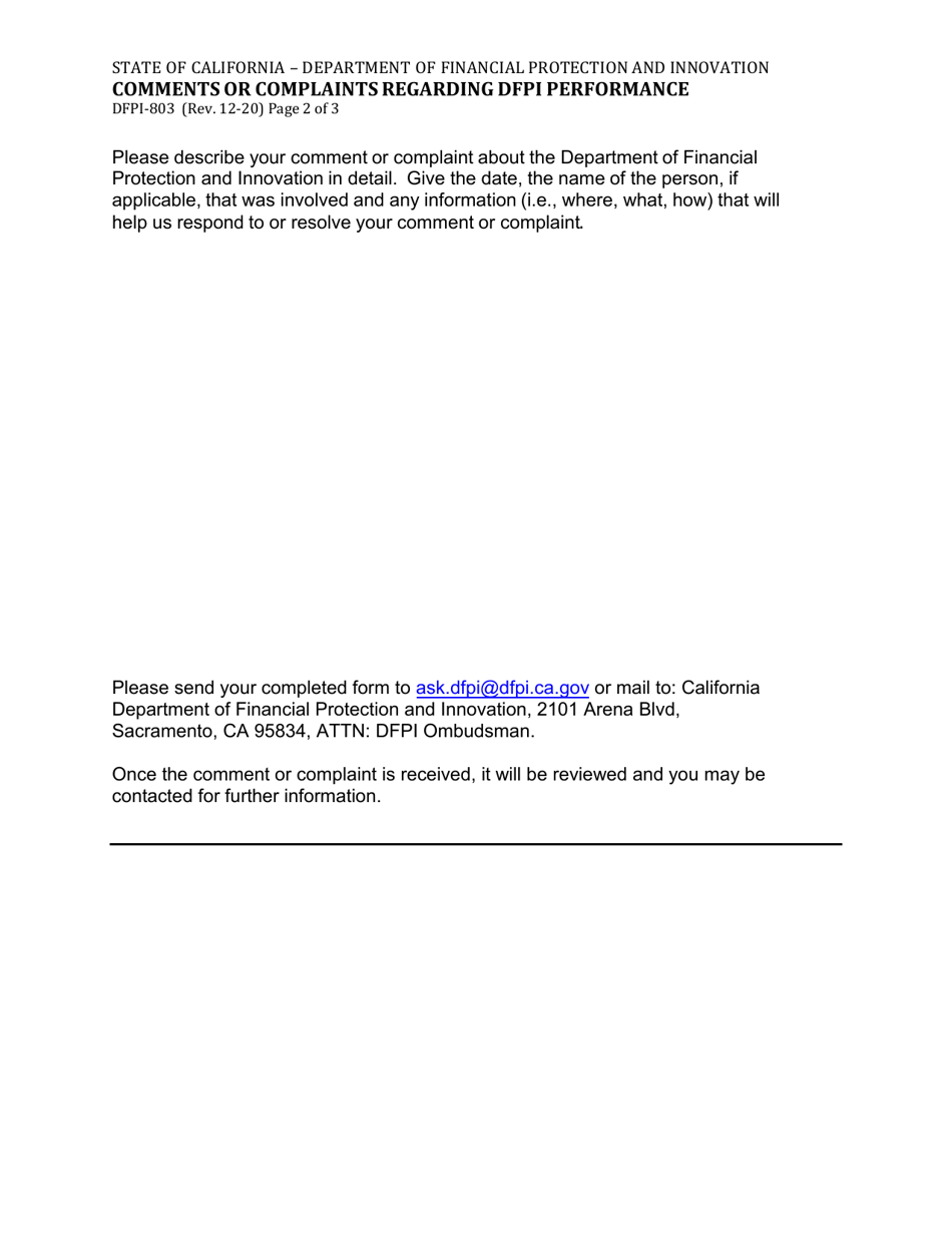 Form DFPI-803 Comments or Complaints Regarding Dfpi Performance - California, Page 2