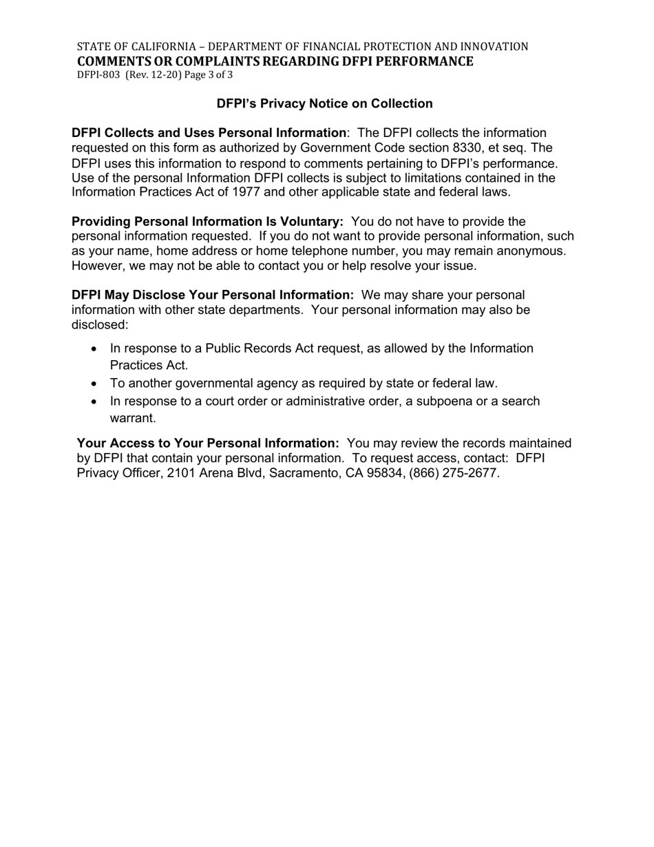 Form DFPI-803 Comments or Complaints Regarding Dfpi Performance - California, Page 3