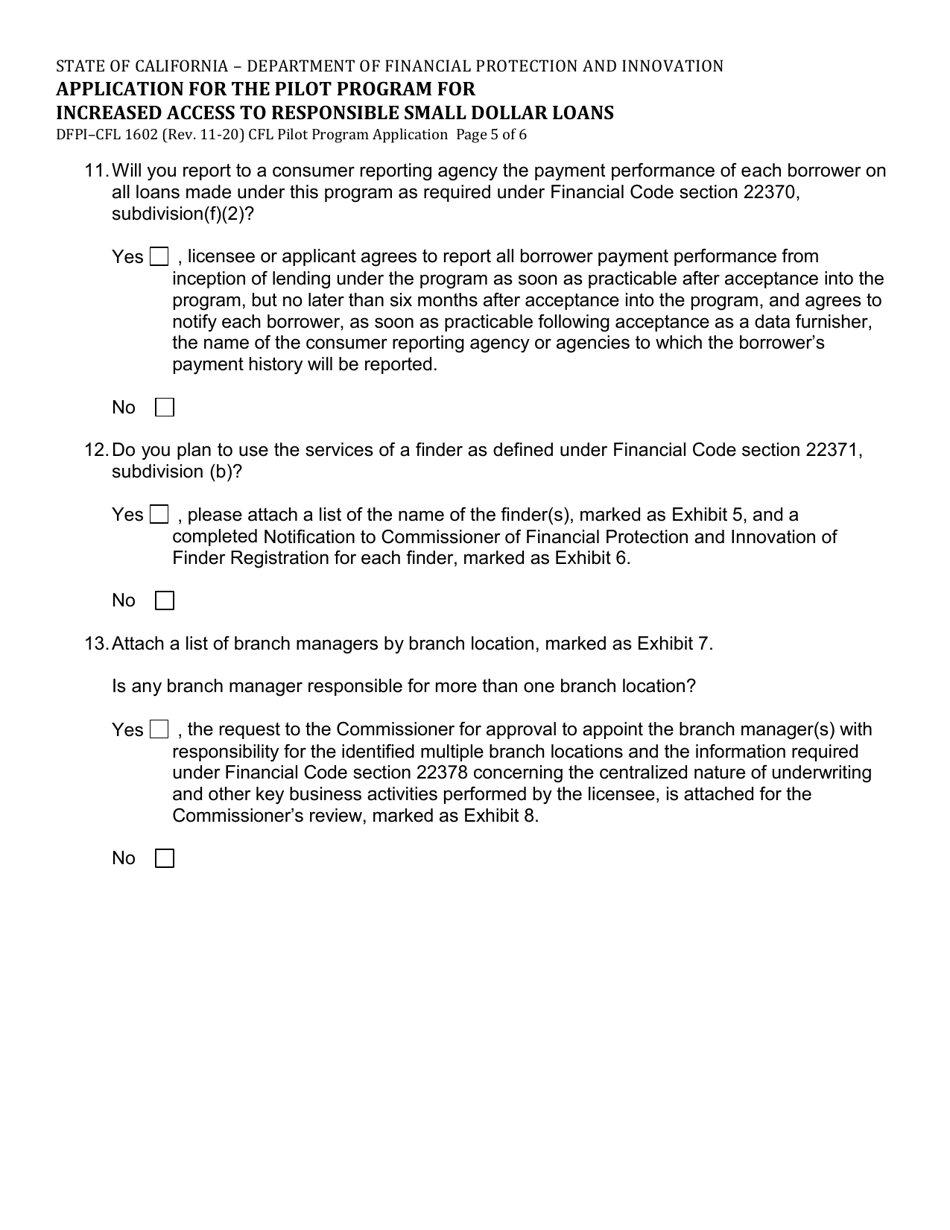 Form DFPI-CFL1602 Application for the Pilot Program for Increased Access to Responsible Small Dollar Loans - California, Page 5