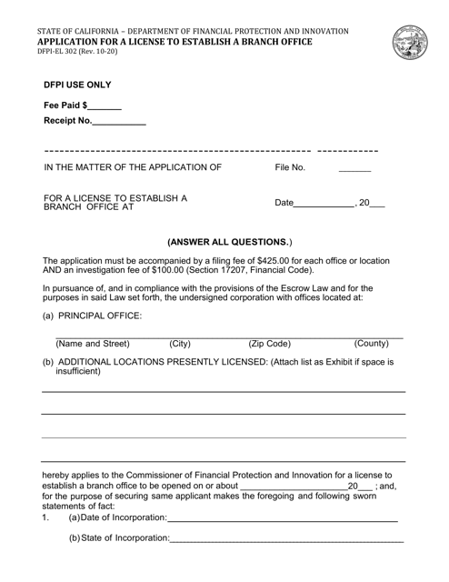 Form DFPI-EL302 Application for a License to Establish a Branch Office - California