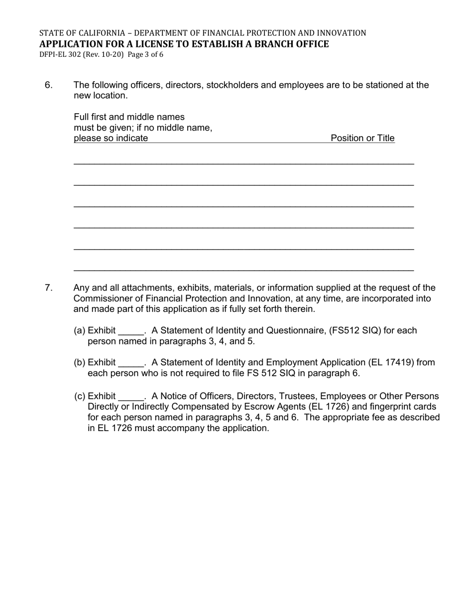 Form DFPI-EL302 Application for a License to Establish a Branch Office - California, Page 3