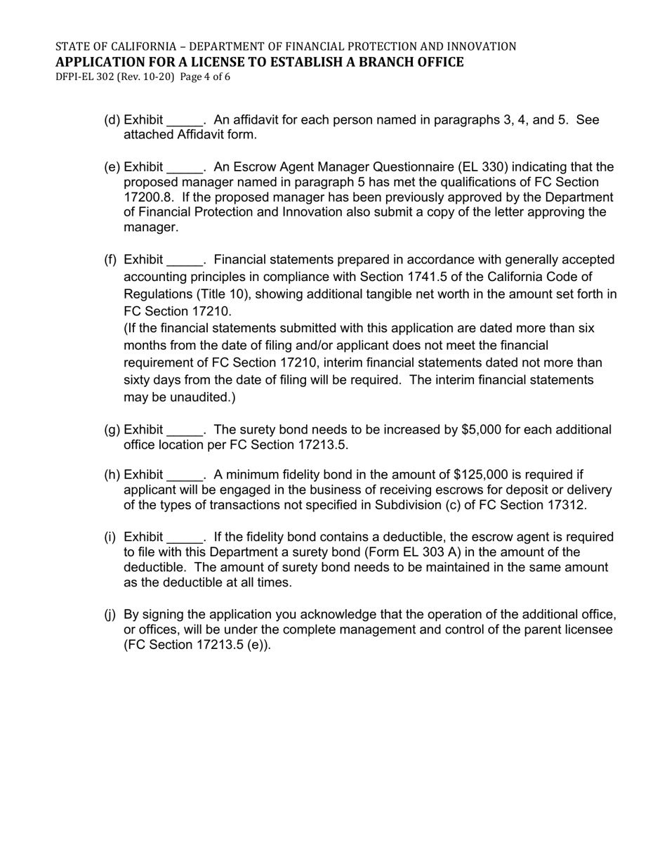 Form DFPI-EL302 Application for a License to Establish a Branch Office - California, Page 4