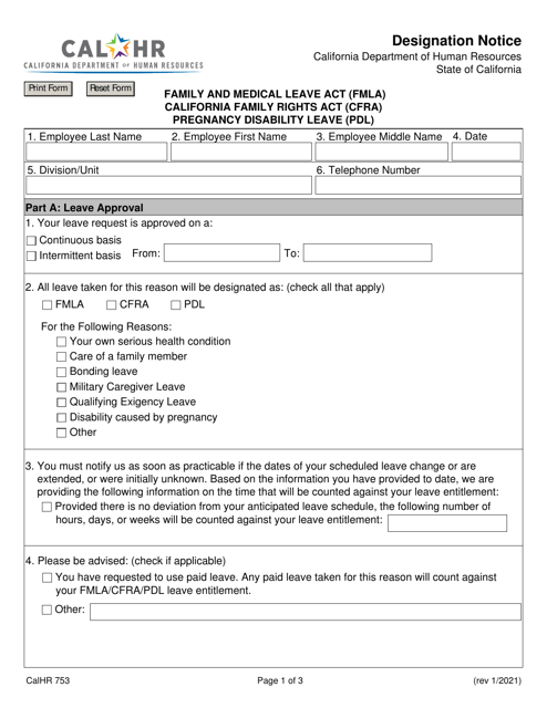 Form CALHR753 Designation Notice - California