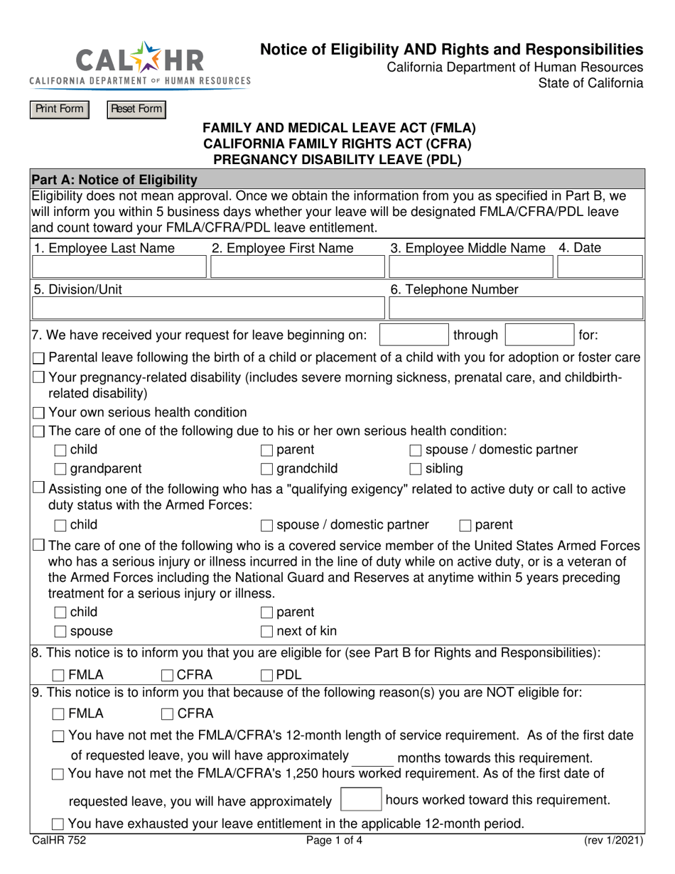 Form CALHR752 Notice of Eligibility and Rights and Responsibilities - California, Page 1