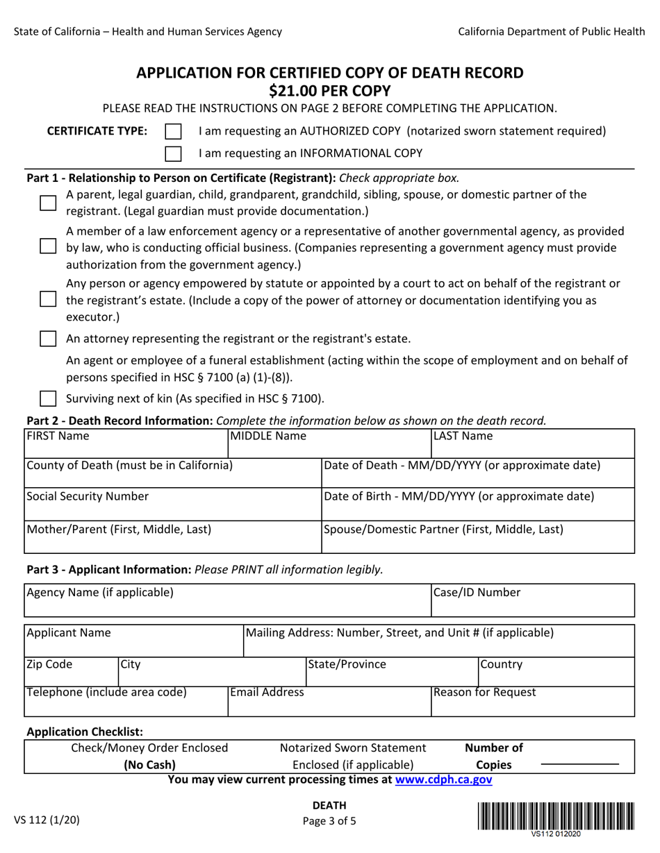 Form VS112 Application for Certified Copy of Death Record - California (English / Spanish), Page 3