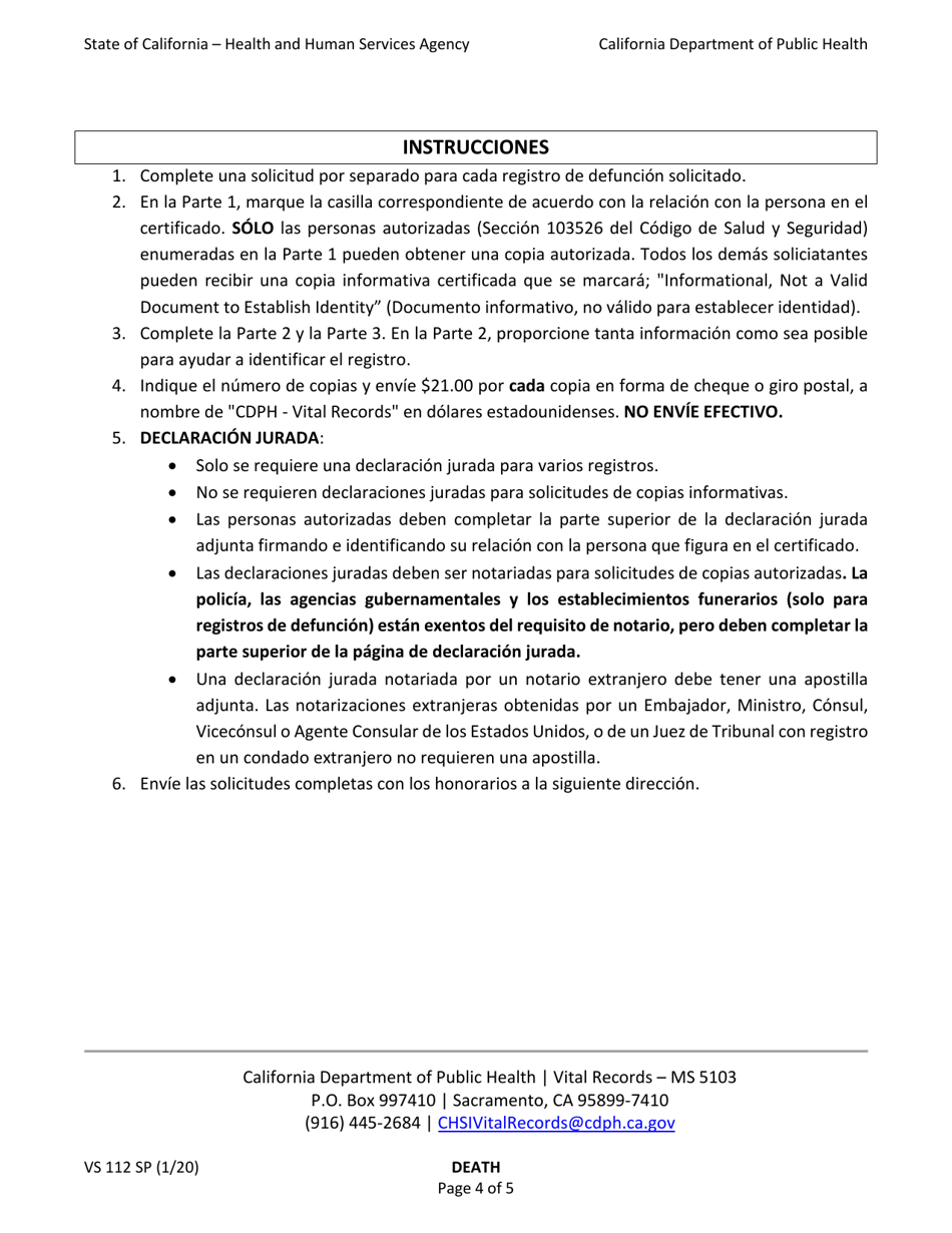 Form VS112 Application for Certified Copy of Death Record - California (English / Spanish), Page 4