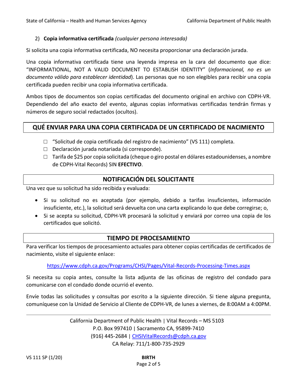 Form VS111 Application for Certified Copy of Birth Record - California (English / Spanish), Page 2