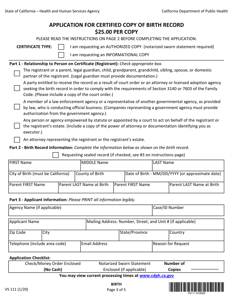 Form VS111 Application for Certified Copy of Birth Record - California (English / Spanish), Page 3