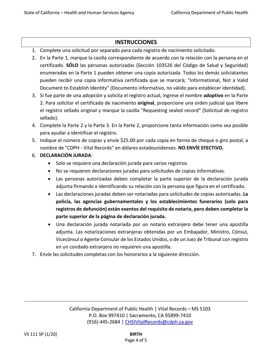 Form VS111 Application for Certified Copy of Birth Record - California (English / Spanish), Page 4