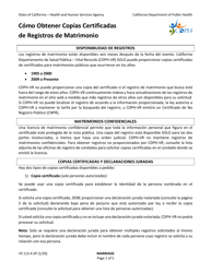 Document preview: Form VS113-A Application for Certified Copy of Marriage Record - California (English/Spanish)