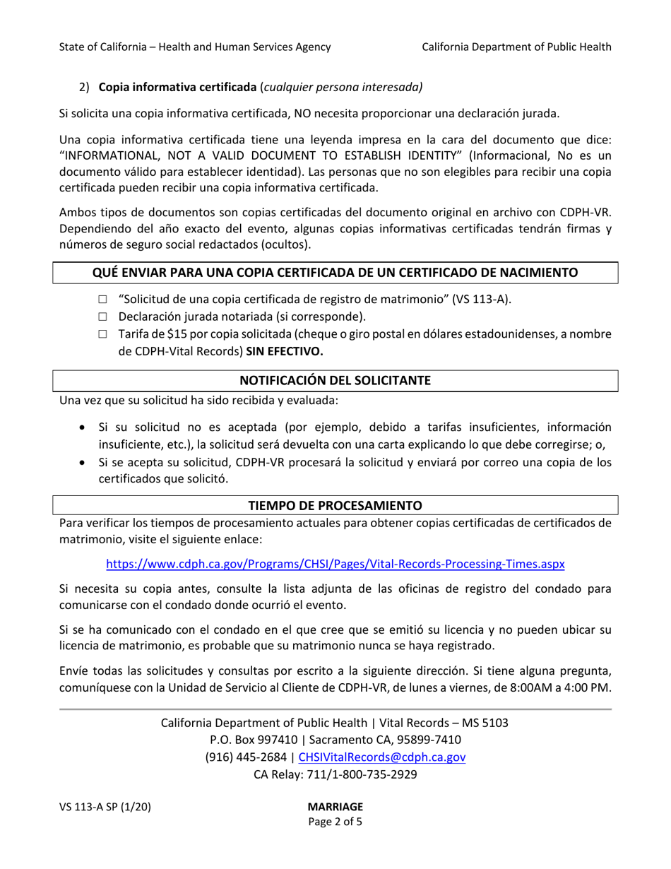 Form VS113-A Application for Certified Copy of Marriage Record - California (English / Spanish), Page 2