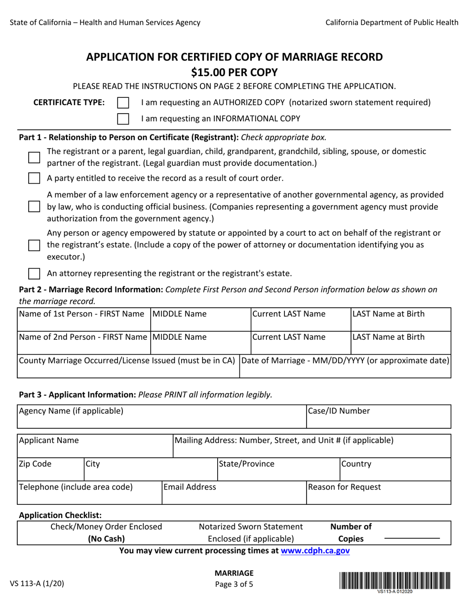 Form VS113-A Application for Certified Copy of Marriage Record - California (English / Spanish), Page 3