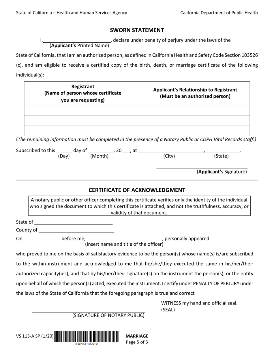 Form VS113-A Application for Certified Copy of Marriage Record - California (English / Spanish), Page 5