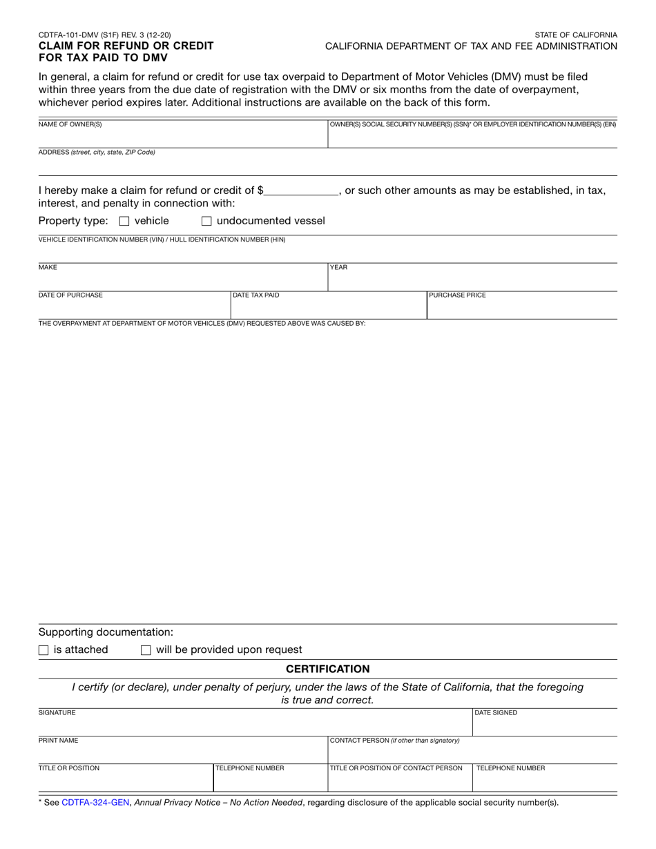 Form CDTFA-101-DMV Claim for Refund or Credit for Tax Paid to Dmv - California, Page 2