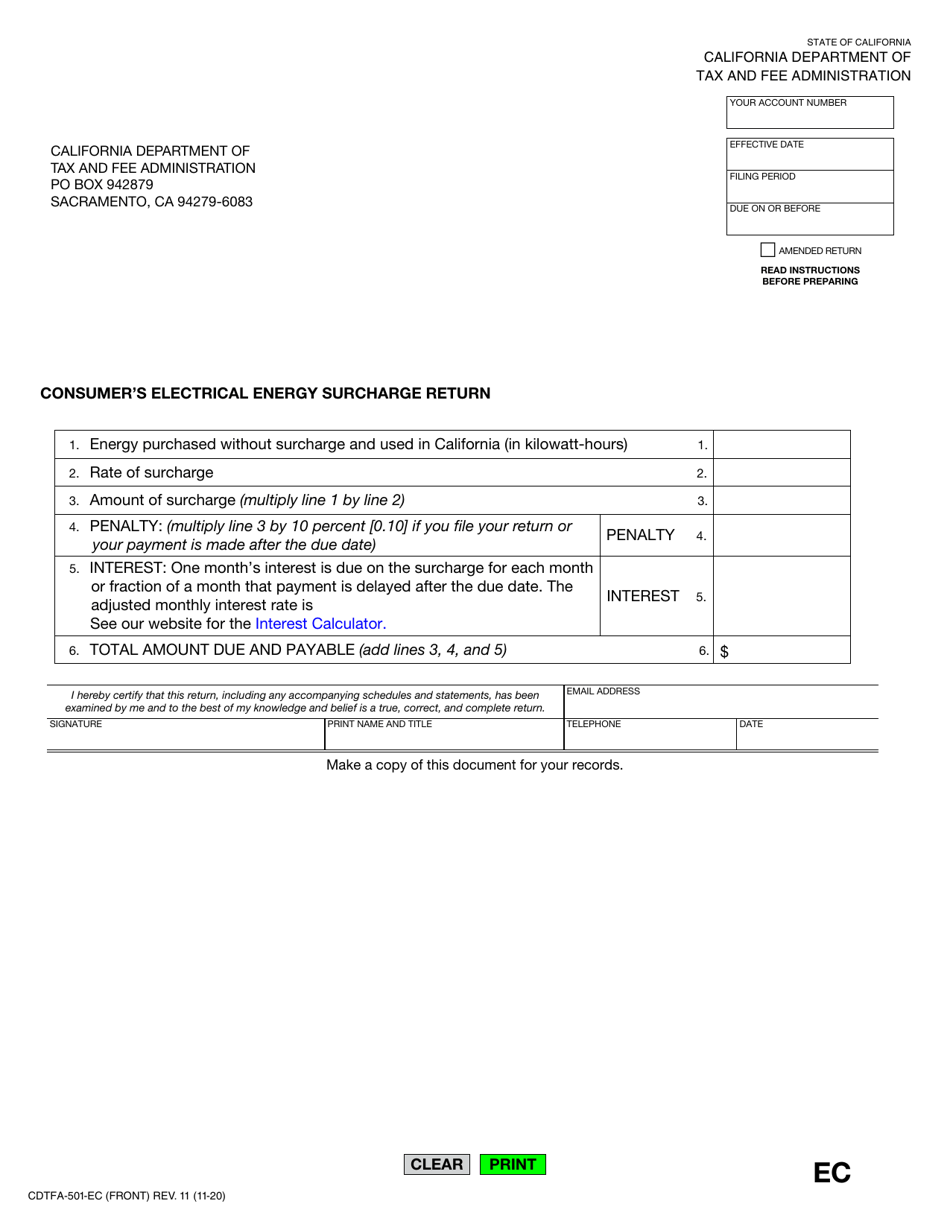 Form CDTFA-501-EC Consumers Electrical Energy Surcharge Return - California, Page 1