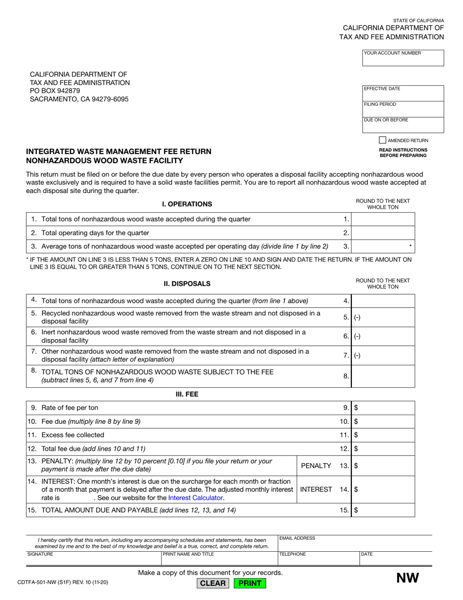 Form CDTFA-501-NW Integrated Waste Management Fee Return - Nonhazardous Wood Waste Facility - California, Page 1