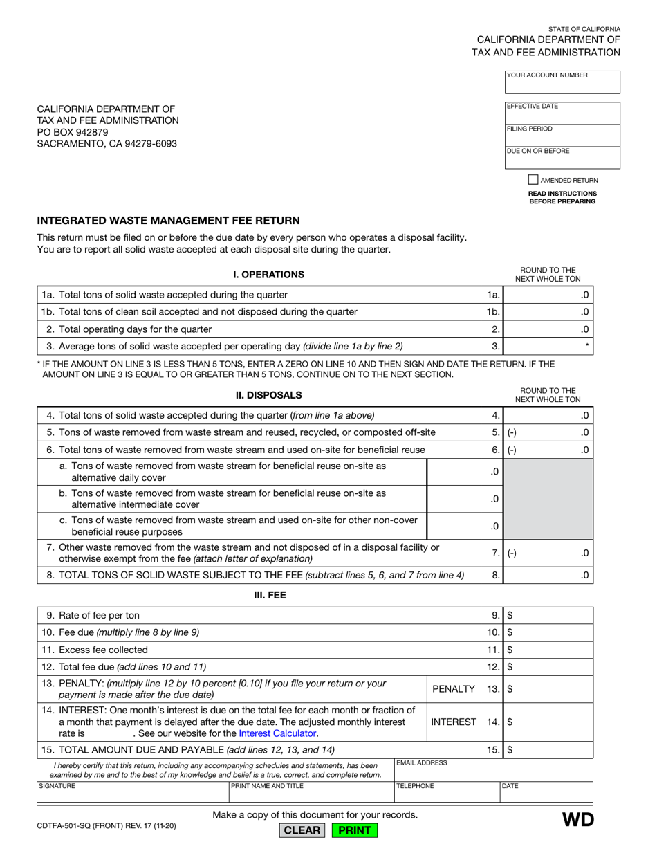 Form CDTFA-501-SQ Integrated Waste Management Fee Return - California, Page 1