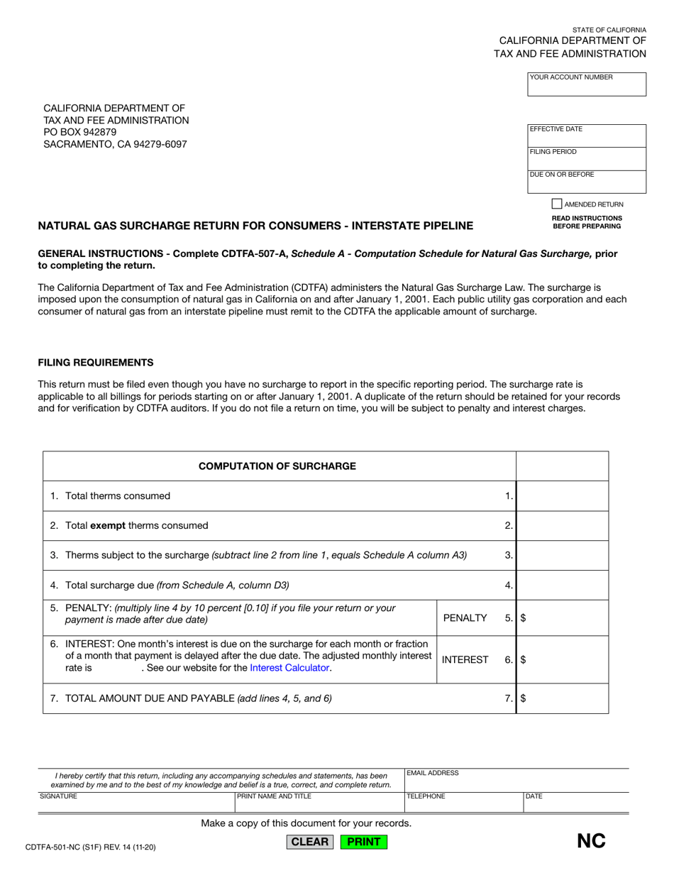 Form CDTFA-501-NC Natural Gas Surcharge Return for Consumers - Interstate Pipeline - California, Page 1