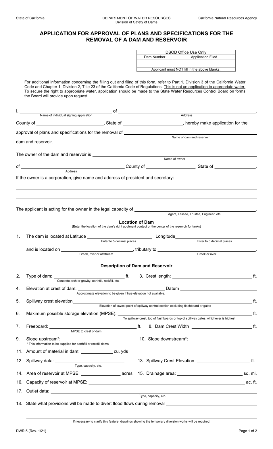 Form DWR5 - Fill Out, Sign Online and Download Fillable PDF, California ...