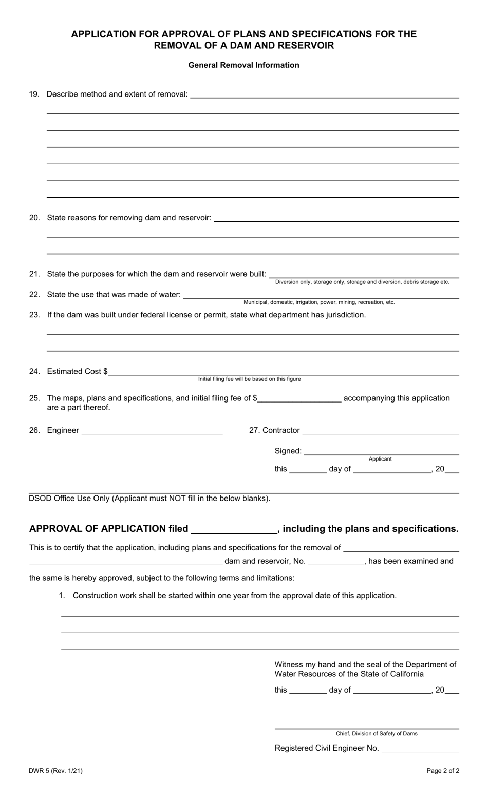 Form DWR5 Application for Approval of Plans and Specifications for the Removal of a Dam and Reservoir - California, Page 2