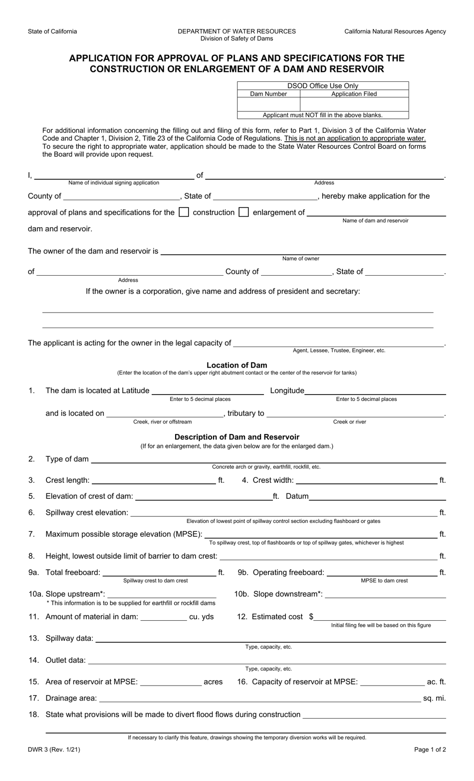 Form DWR3 Download Fillable PDF or Fill Online Application for Approval ...