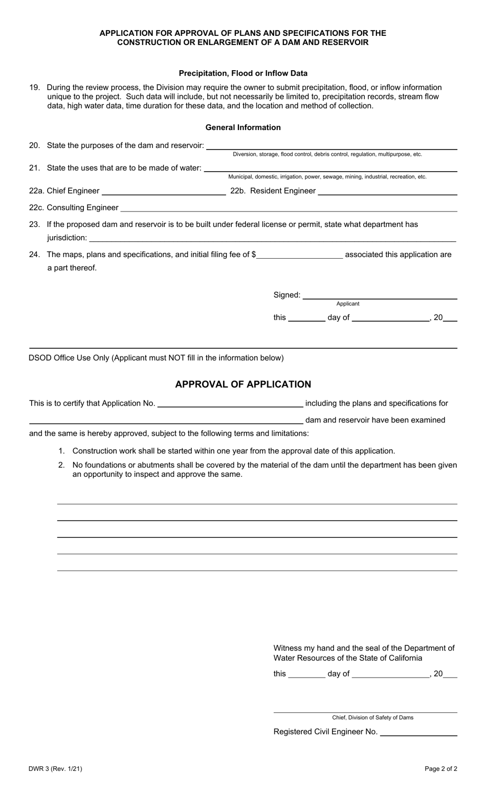 Form DWR3 Application for Approval of Plans and Specifications for the Construction or Enlargement of a Dam and Reservoir - California, Page 2