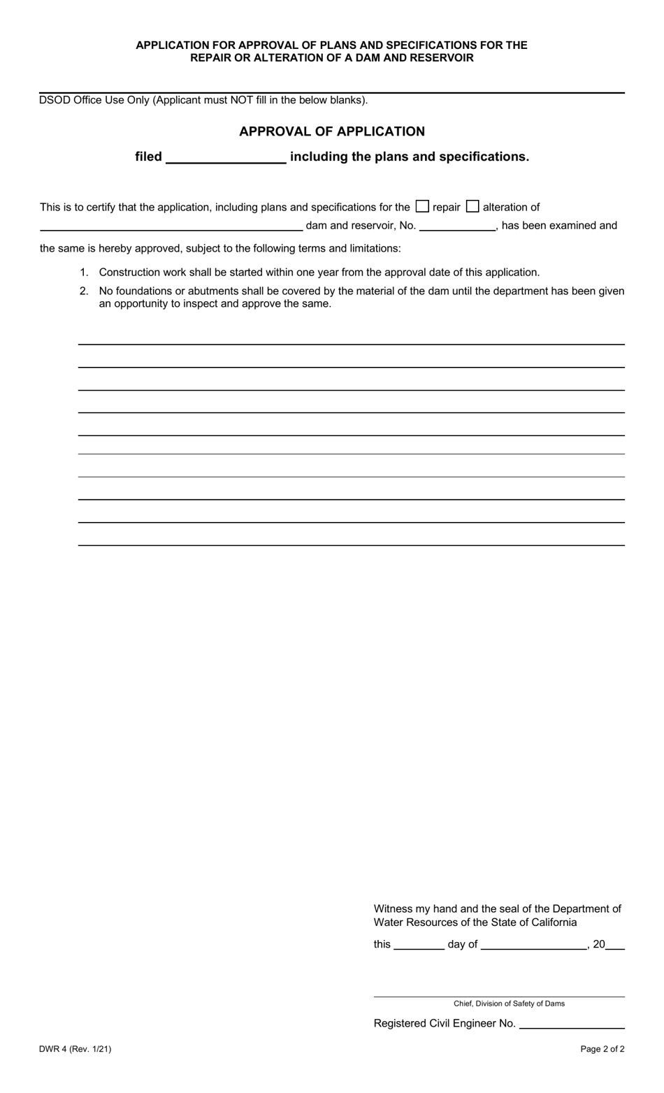 Form DWR4 Application for Approval of Plans and Specifications for the Repair or Alternation of a Dam and Reservoir - California, Page 2