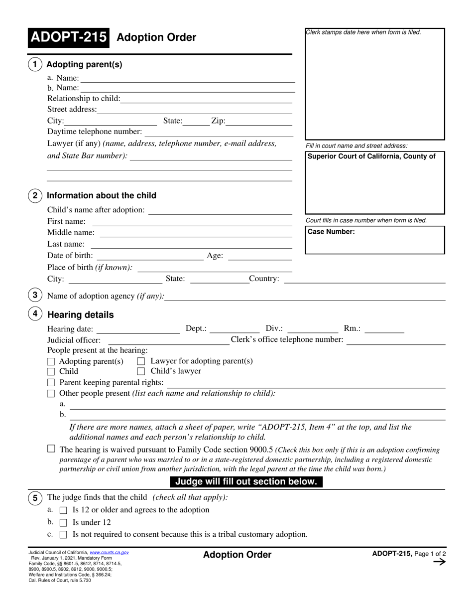 Form ADOPT-215 Download Fillable PDF Or Fill Online Adoption Order ...