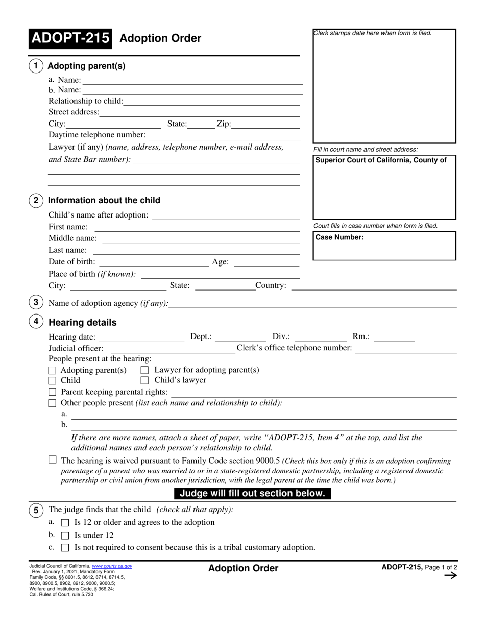 Form ADOPT-215 Adoption Order - California, Page 1