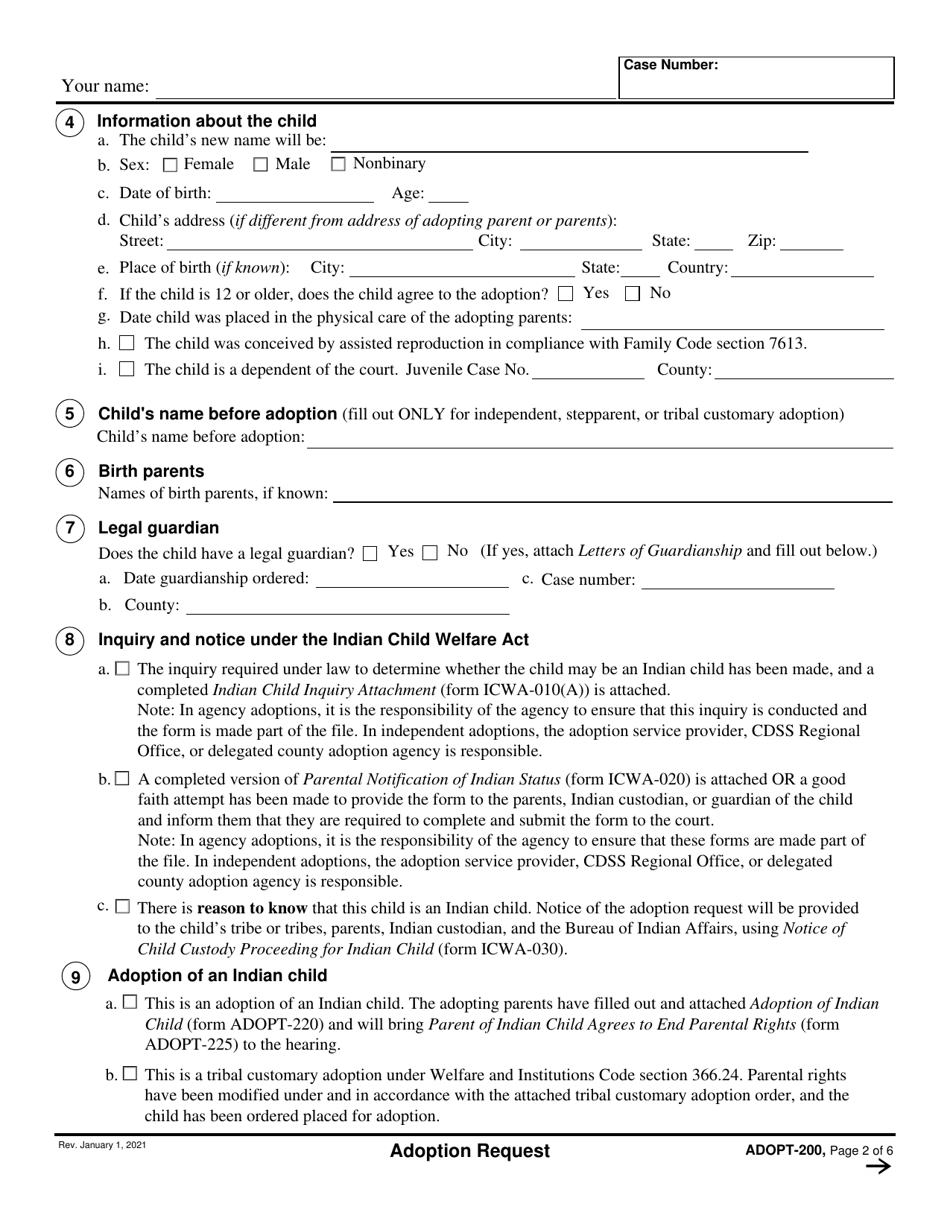 Form ADOPT-200 Adoption Request - California, Page 2