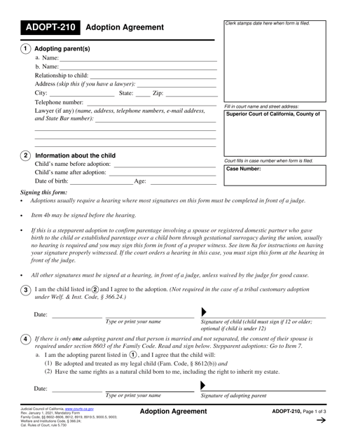 Form ADOPT-210 Adoption Agreement - California
