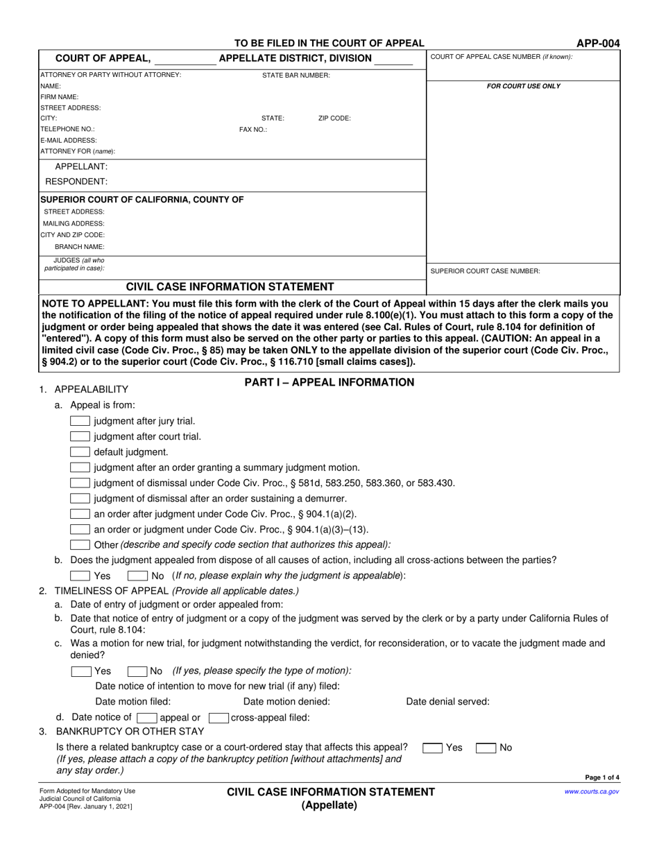 Form APP-004 Civil Case Information Statement (Appellate) - California, Page 1