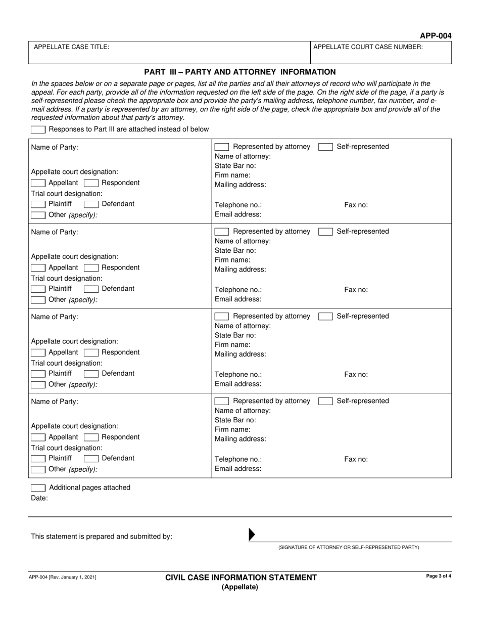 Form APP-004 Civil Case Information Statement (Appellate) - California, Page 3