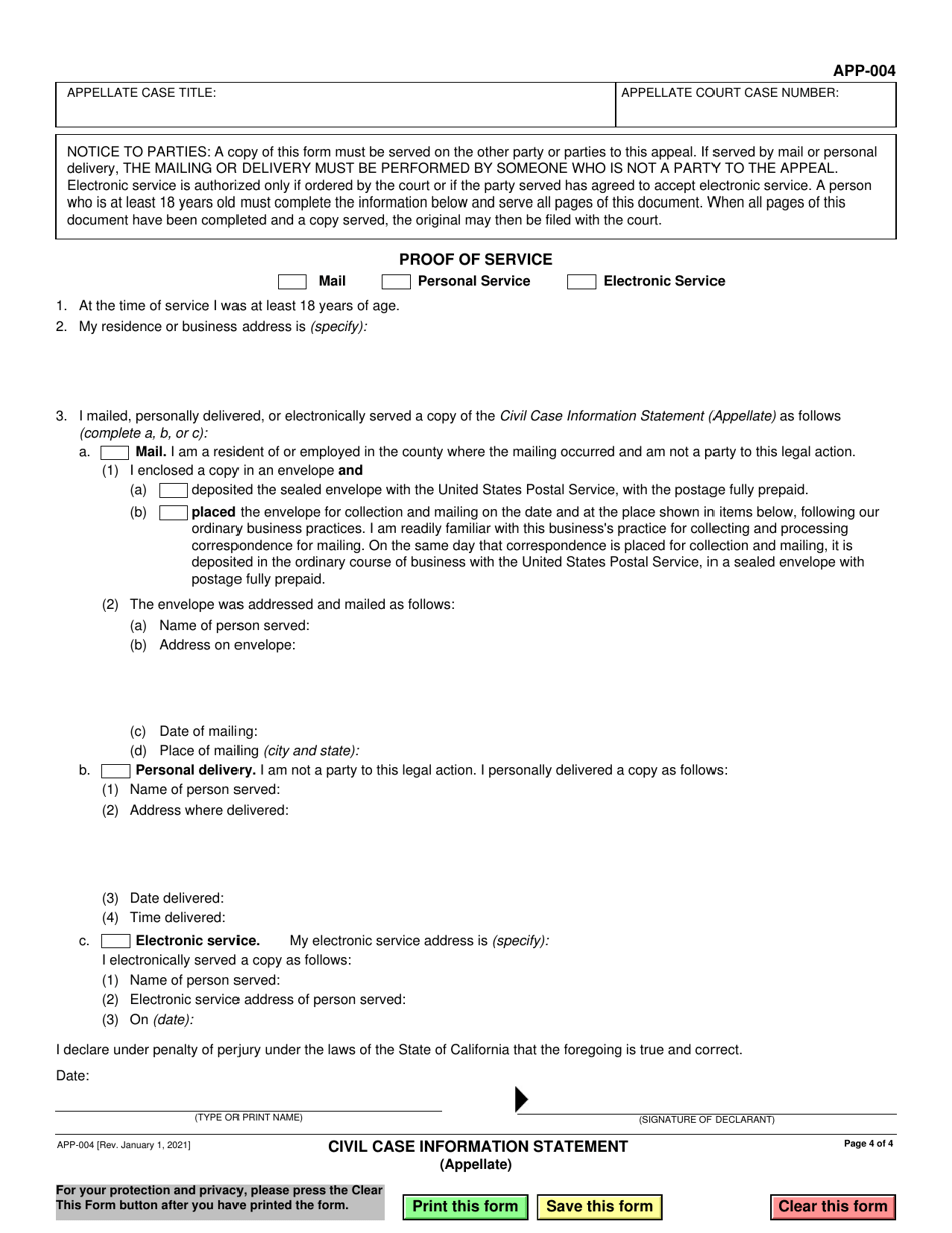 Form APP-004 Civil Case Information Statement (Appellate) - California, Page 4