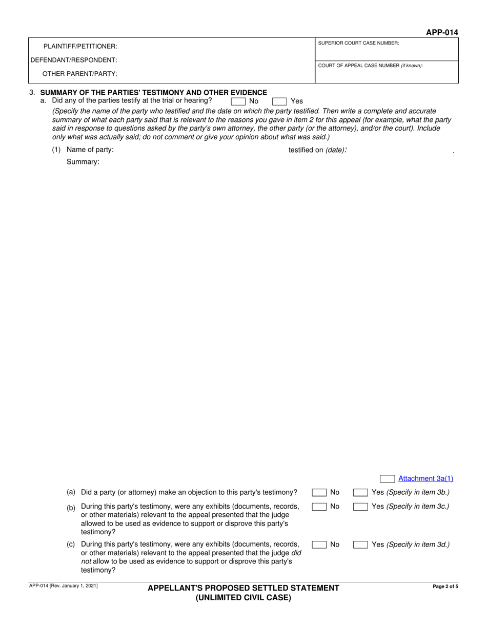 Form APP-014 Appellants Proposed Settled Statement (Unlimited Civil Case) - California, Page 2